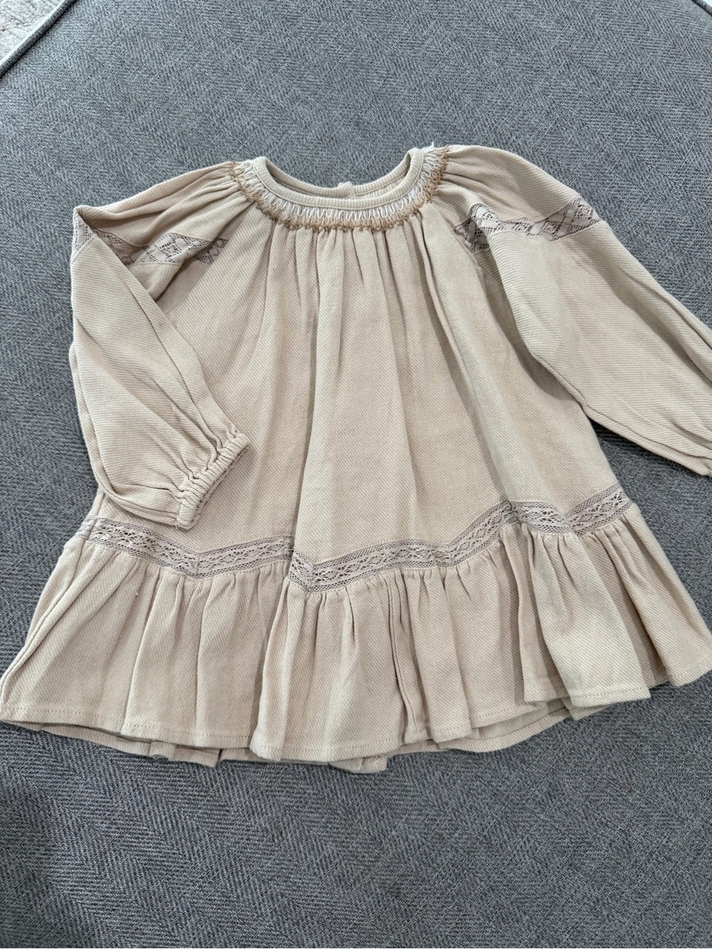 Zara Beige Peasant Dress with Lace Insets